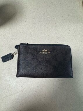 Coach Dark Brown Double Zip Pouch Wallet with Gold Logo